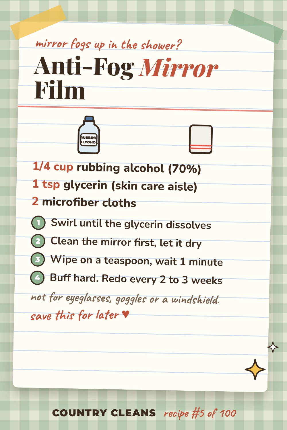 Anti-Fog Film for Mirrors recipe card: 1/4 cup rubbing alcohol (70%), 1 tsp glycerin (skin care aisle), 2 microfiber cloths