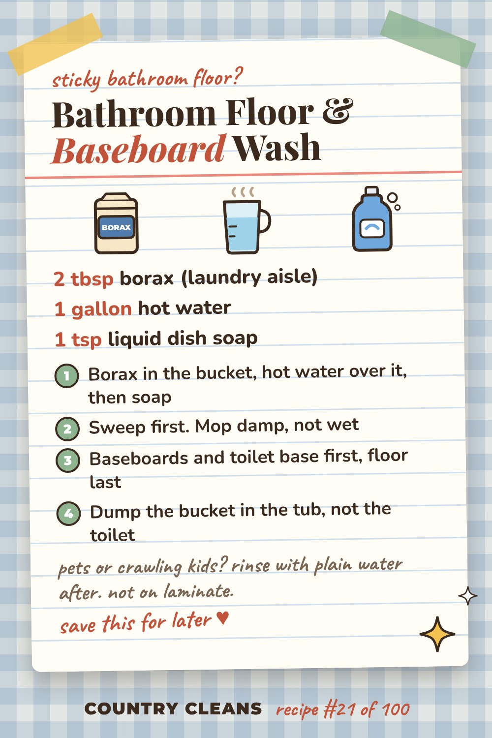 Bathroom Floor and Baseboard Cleaner recipe card: 2 tbsp borax (laundry aisle), 1 gallon hot water, 1 tsp liquid dish soap