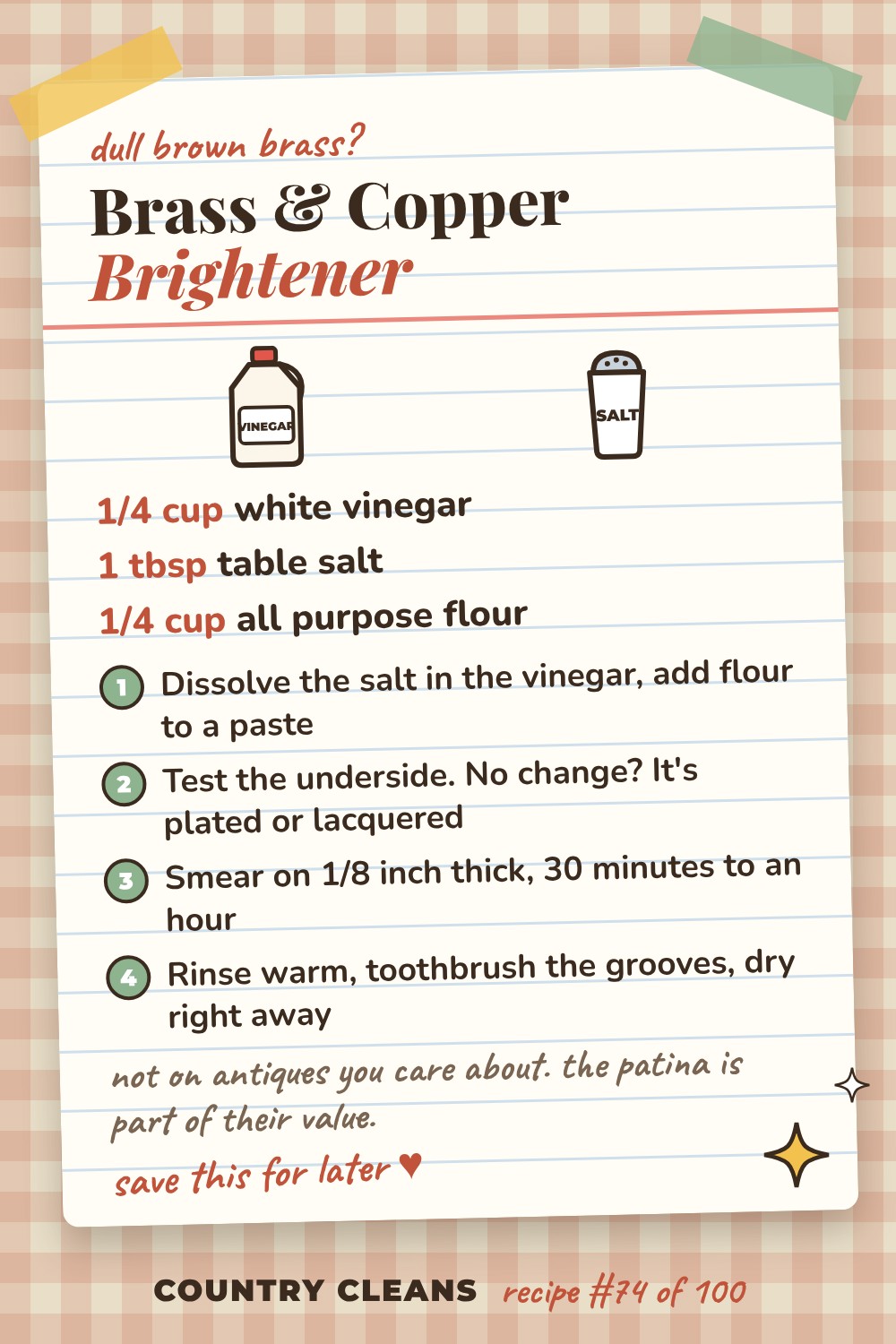 Tarnished Brass and Copper Brightener recipe card: 1/4 cup white vinegar, 1 tbsp table salt, 1/4 cup all purpose flour