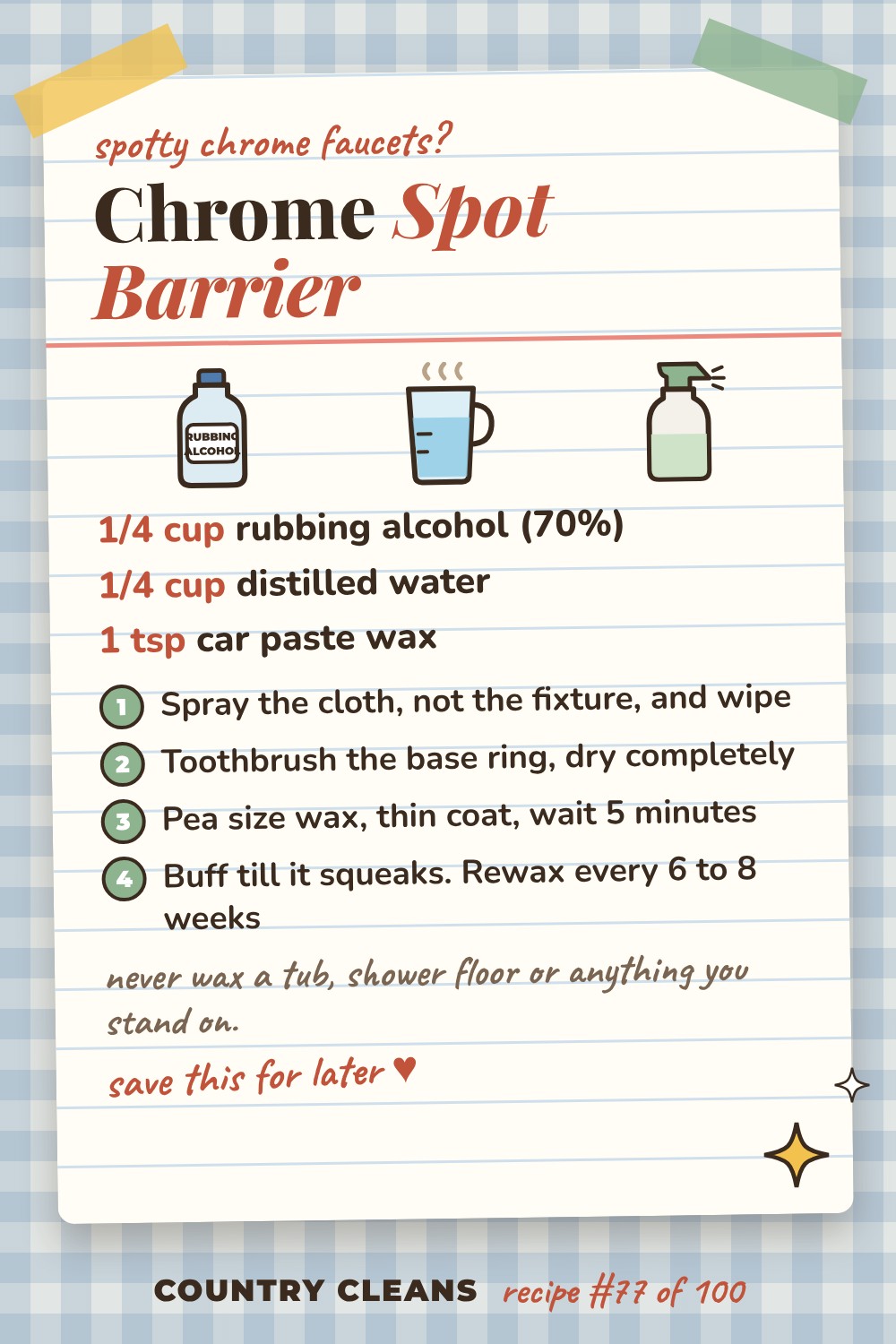 Chrome Fixture Polish and Spot Barrier recipe card: 1/4 cup rubbing alcohol (70%), 1/4 cup distilled water, 1 tsp car paste wax