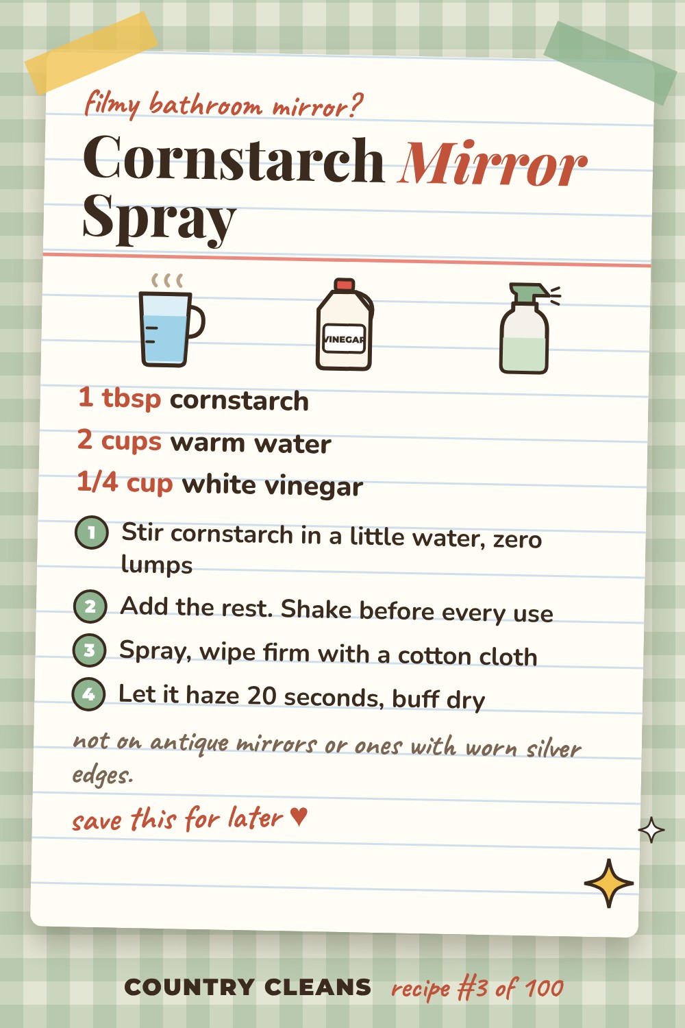 Cornstarch Cut for Greasy Mirrors recipe card: 1 tbsp cornstarch, 2 cups warm water, 1/4 cup white vinegar