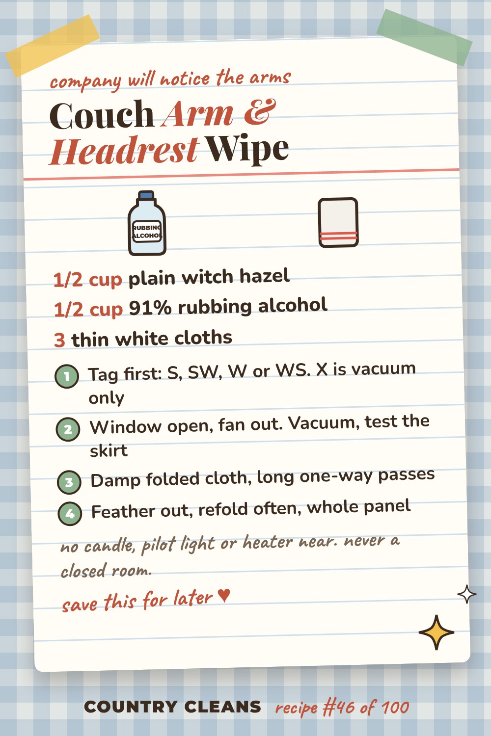 Head Grease and Arm Oil Remover recipe card: 1/2 cup plain witch hazel, 1/2 cup 91% rubbing alcohol, 3 thin white cloths