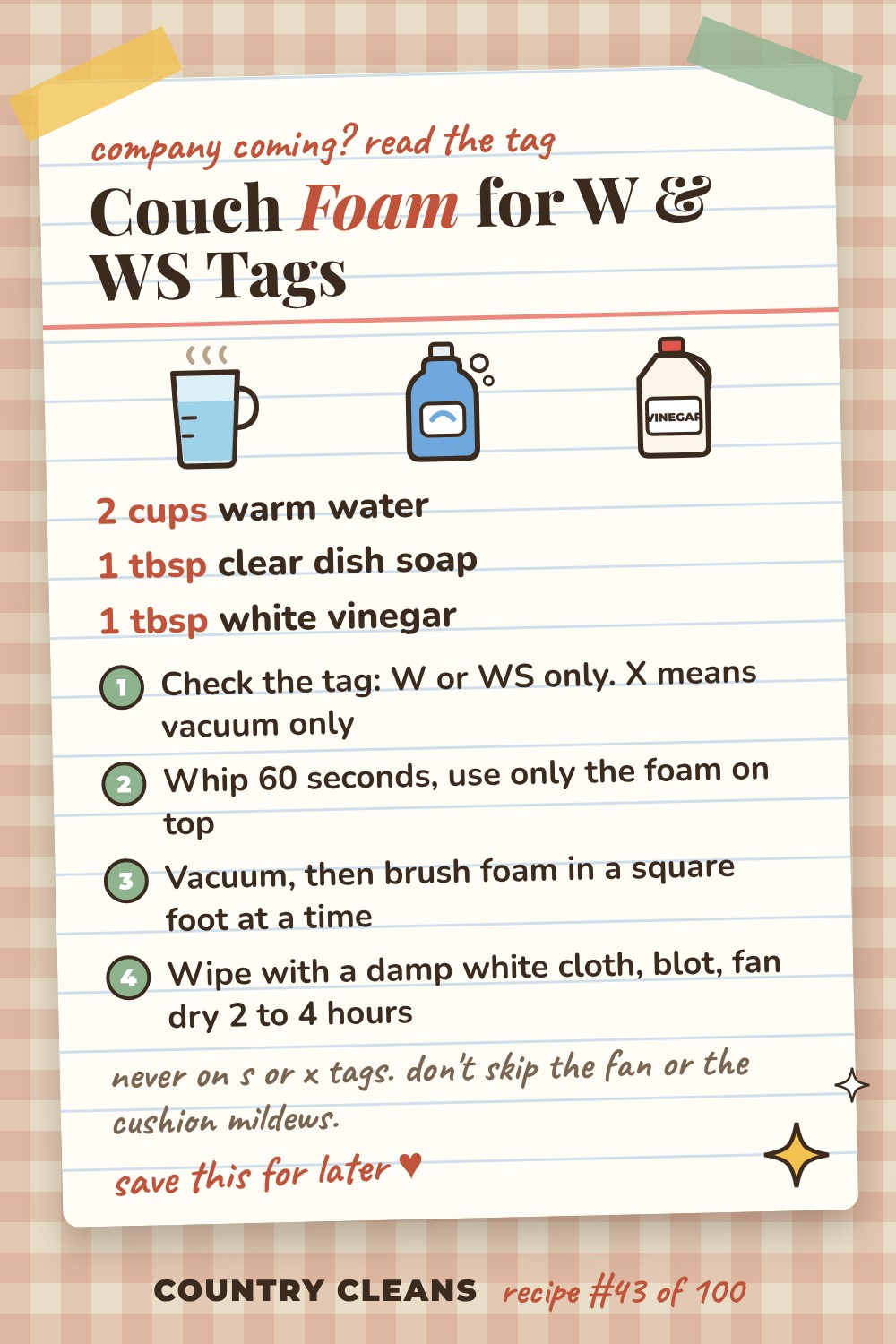 General Water-Safe Upholstery Foam (W and WS codes) recipe card: 2 cups warm water, 1 tbsp clear dish soap, 1 tbsp white vinegar