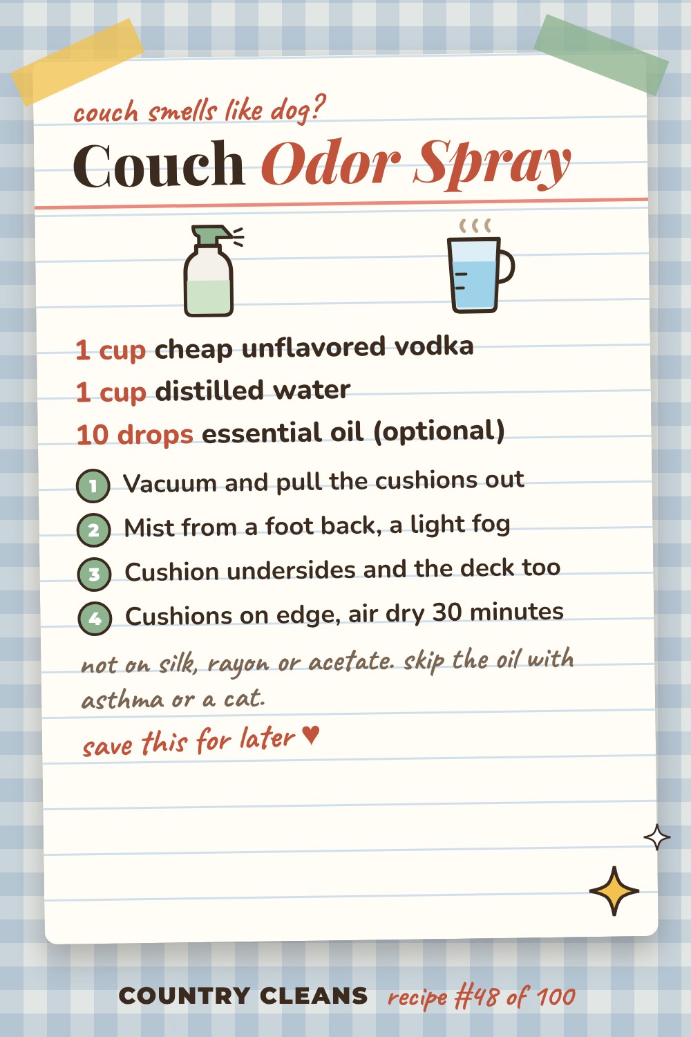 Cushion Refresher and Odor Spray recipe card: 1 cup cheap unflavored vodka, 1 cup distilled water, 10 drops essential oil (optional)