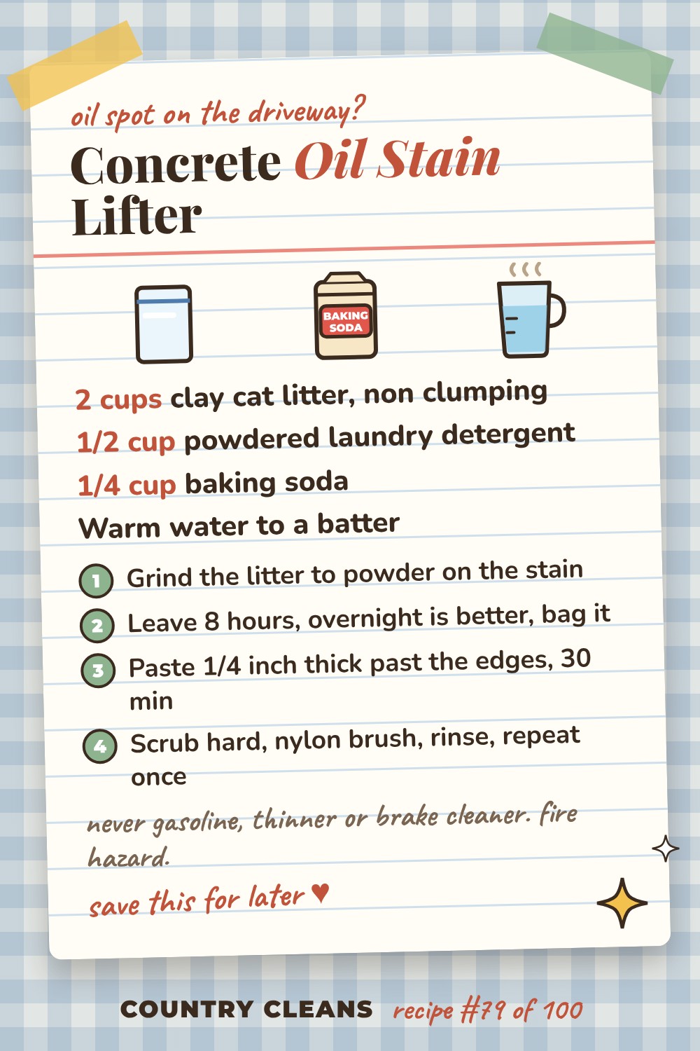 Concrete Oil Stain Lifter recipe card: 2 cups clay cat litter, non clumping, 1/2 cup powdered laundry detergent, 1/4 cup baking soda, Warm water to a batter