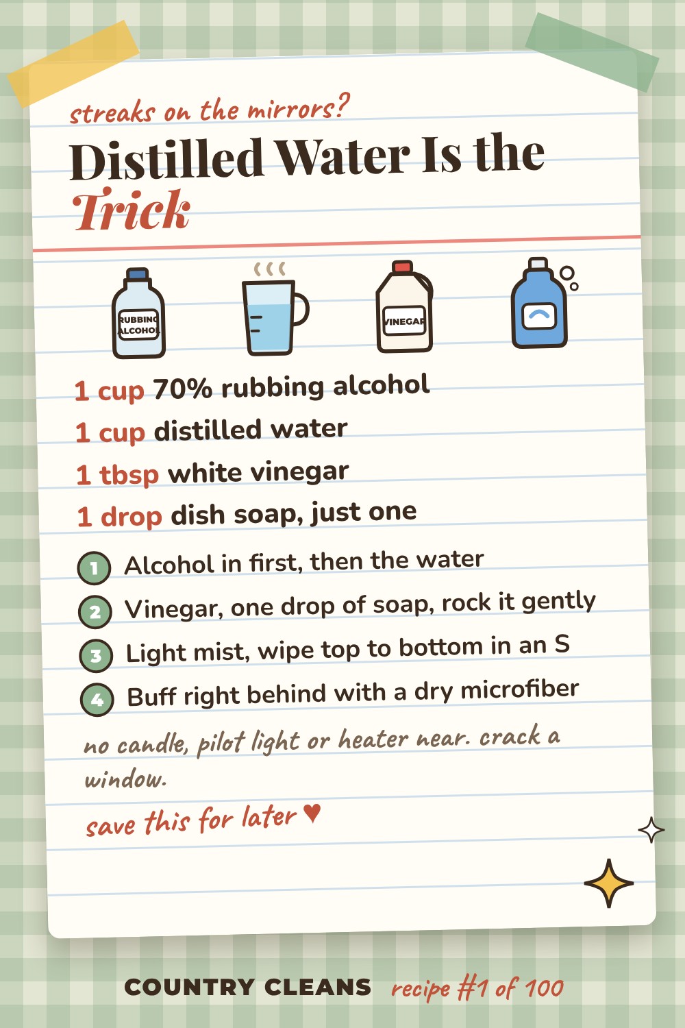 Ghost Spray Daily Glass Cleaner recipe card: 1 cup 70% rubbing alcohol, 1 cup distilled water, 1 tbsp white vinegar, 1 drop dish soap, just one