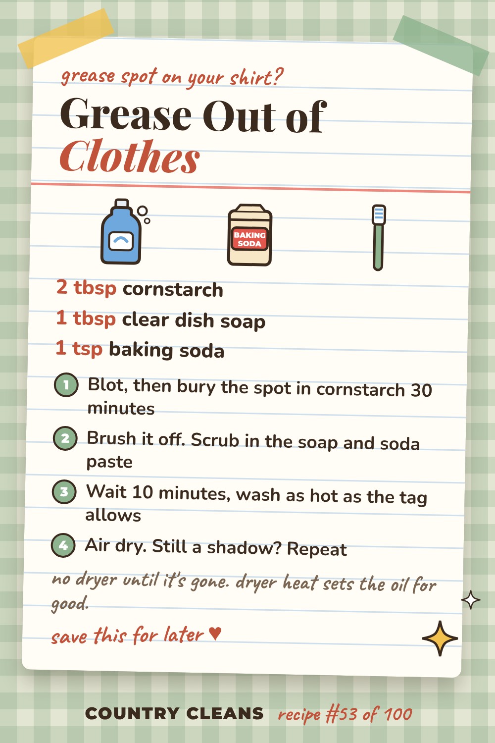Grease and Oil on Clothing recipe card: 2 tbsp cornstarch, 1 tbsp clear dish soap, 1 tsp baking soda