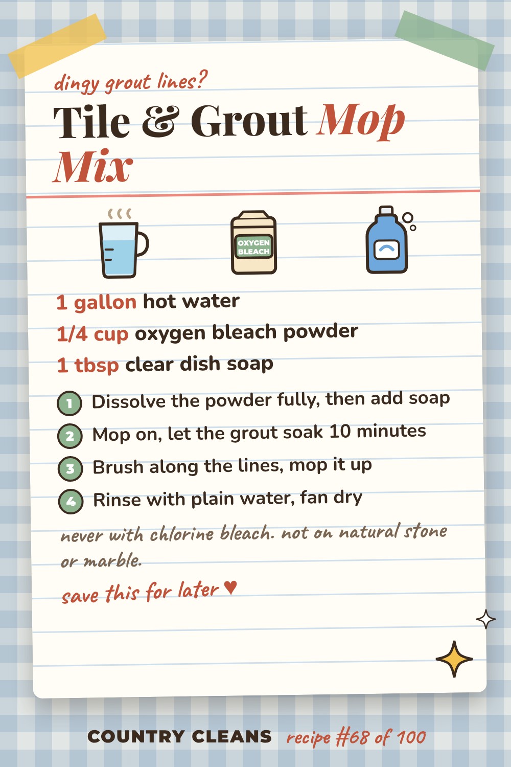 Tile Floor and Grout Line Mopping Solution recipe card: 1 gallon hot water, 1/4 cup oxygen bleach powder, 1 tbsp clear dish soap