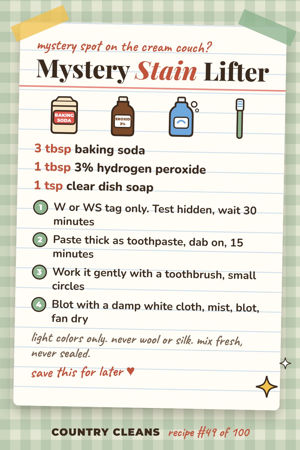 Mystery Stain Lifter for Light Couches recipe card: 3 tbsp baking soda, 1 tbsp 3% hydrogen peroxide, 1 tsp clear dish soap