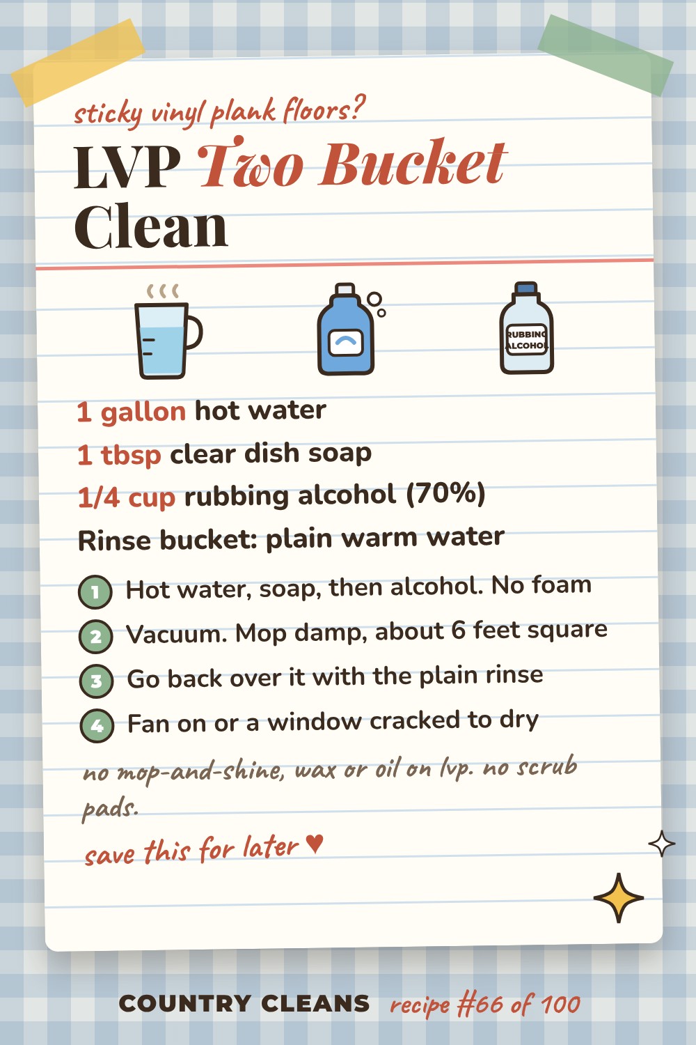 Luxury Vinyl Plank Cleaner, Two Bucket recipe card: 1 gallon hot water, 1 tbsp clear dish soap, 1/4 cup rubbing alcohol (70%), Rinse bucket: plain warm water
