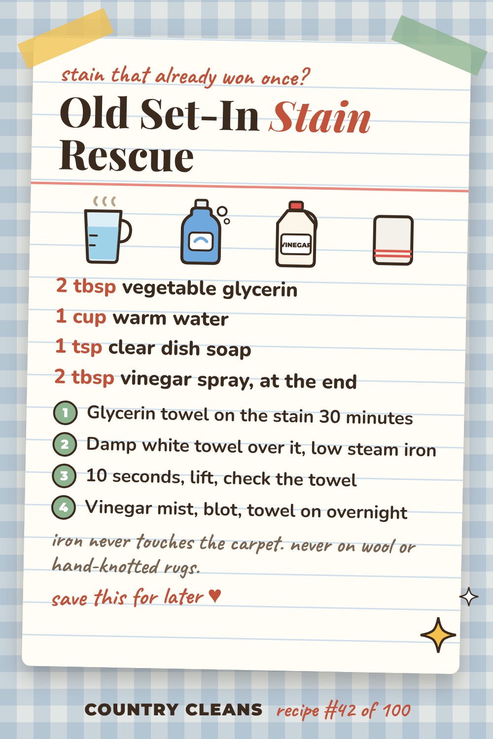 Old Set In Stain Rescue recipe card: 2 tbsp vegetable glycerin, 1 cup warm water, 1 tsp clear dish soap, 2 tbsp vinegar spray, at the end