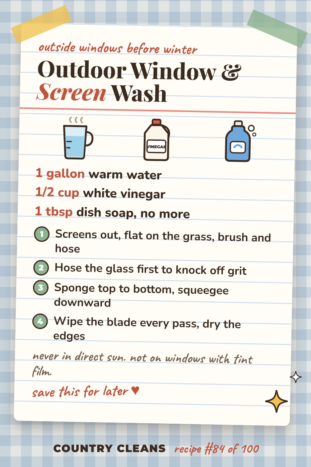 Outdoor Window and Screen Door Wash recipe card: 1 gallon warm water, 1/2 cup white vinegar, 1 tbsp dish soap, no more