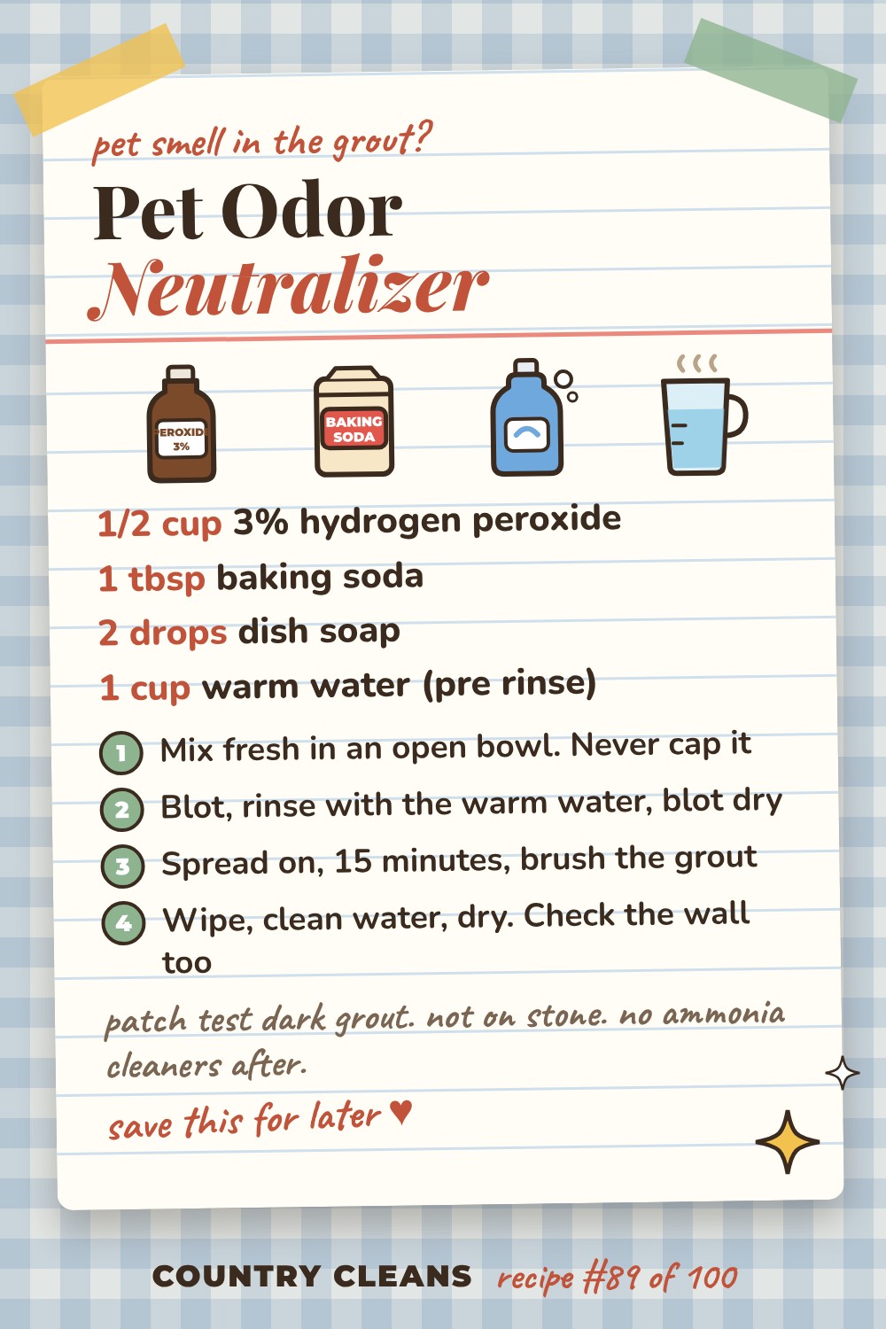 Pet Odor Neutralizer for Hard Surfaces recipe card: 1/2 cup 3% hydrogen peroxide, 1 tbsp baking soda, 2 drops dish soap, 1 cup warm water (pre rinse)