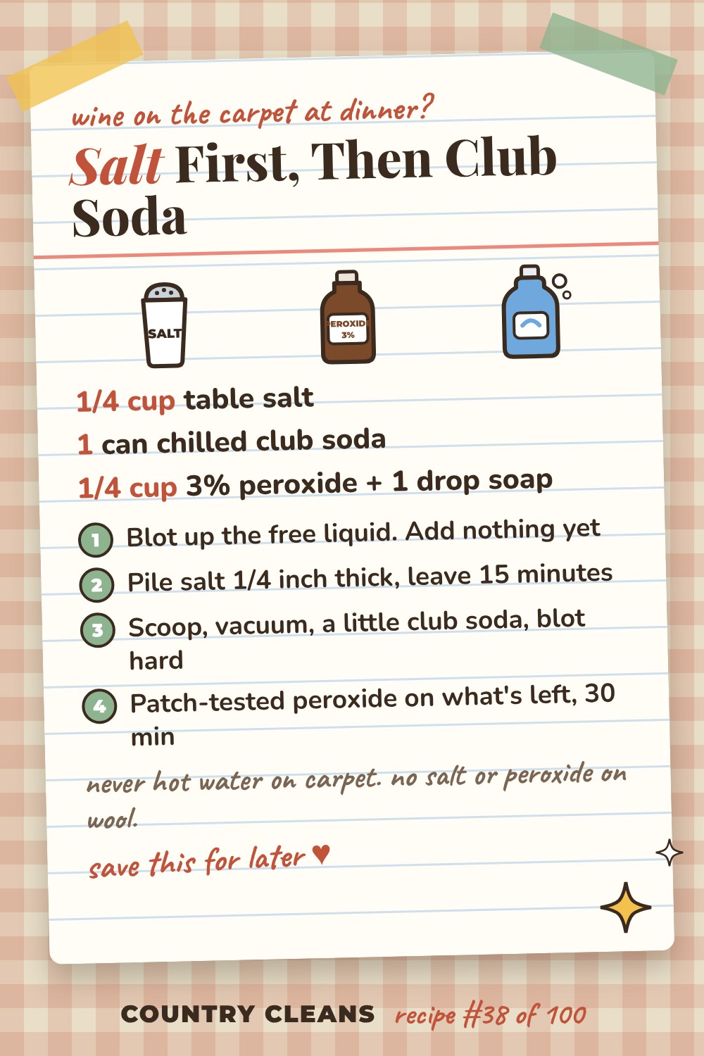 Red Wine and Juice Lifter recipe card: 1/4 cup table salt, 1 can chilled club soda, 1/4 cup 3% peroxide + 1 drop soap