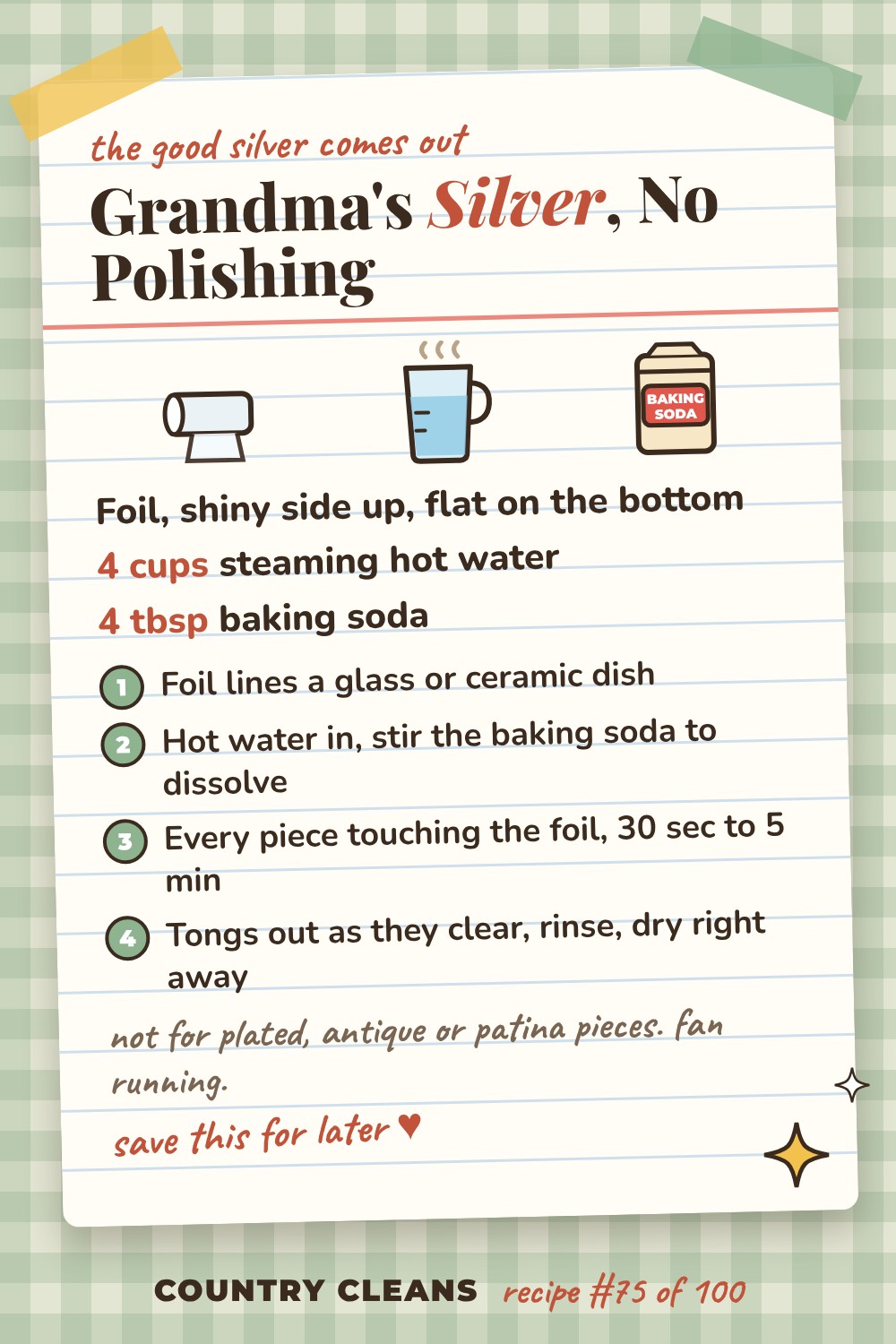 Silverware Tarnish Bath recipe card: Foil, shiny side up, flat on the bottom, 4 cups steaming hot water, 4 tbsp baking soda