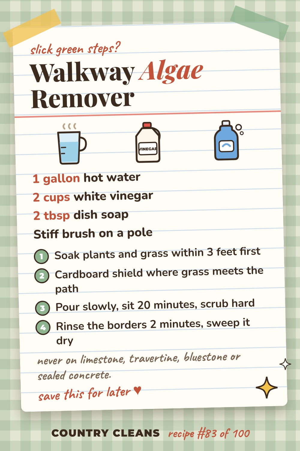 Green Algae Remover for Walkways and Stepping Stones recipe card: 1 gallon hot water, 2 cups white vinegar, 2 tbsp dish soap, Stiff brush on a pole