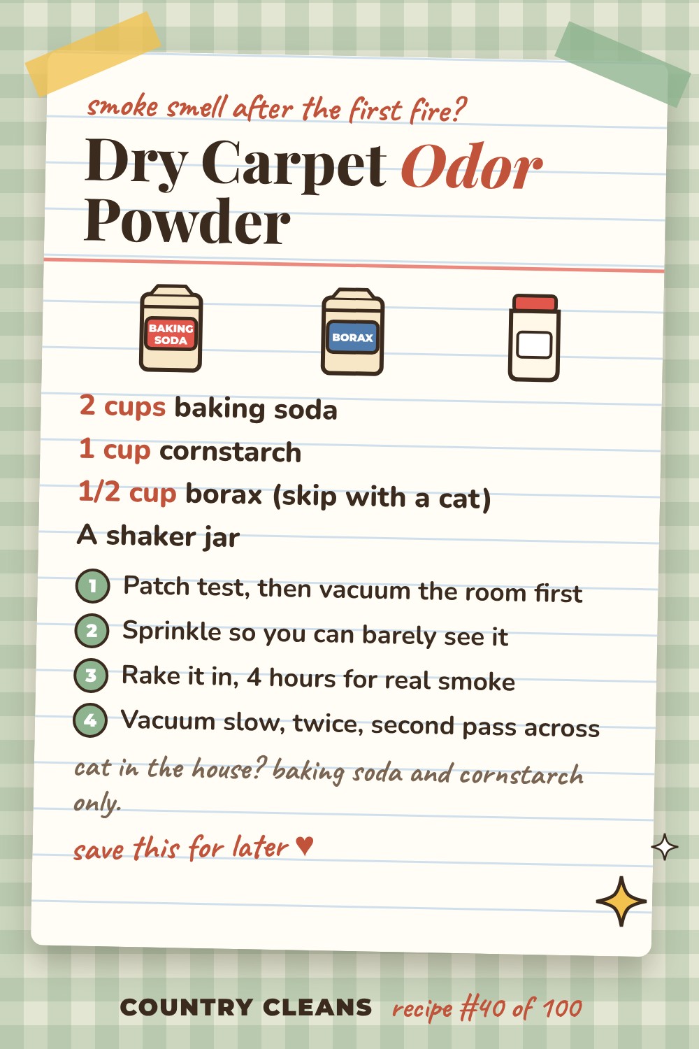 Dry Carpet Deodorizing Powder recipe card: 2 cups baking soda, 1 cup cornstarch, 1/2 cup borax (skip with a cat), A shaker jar