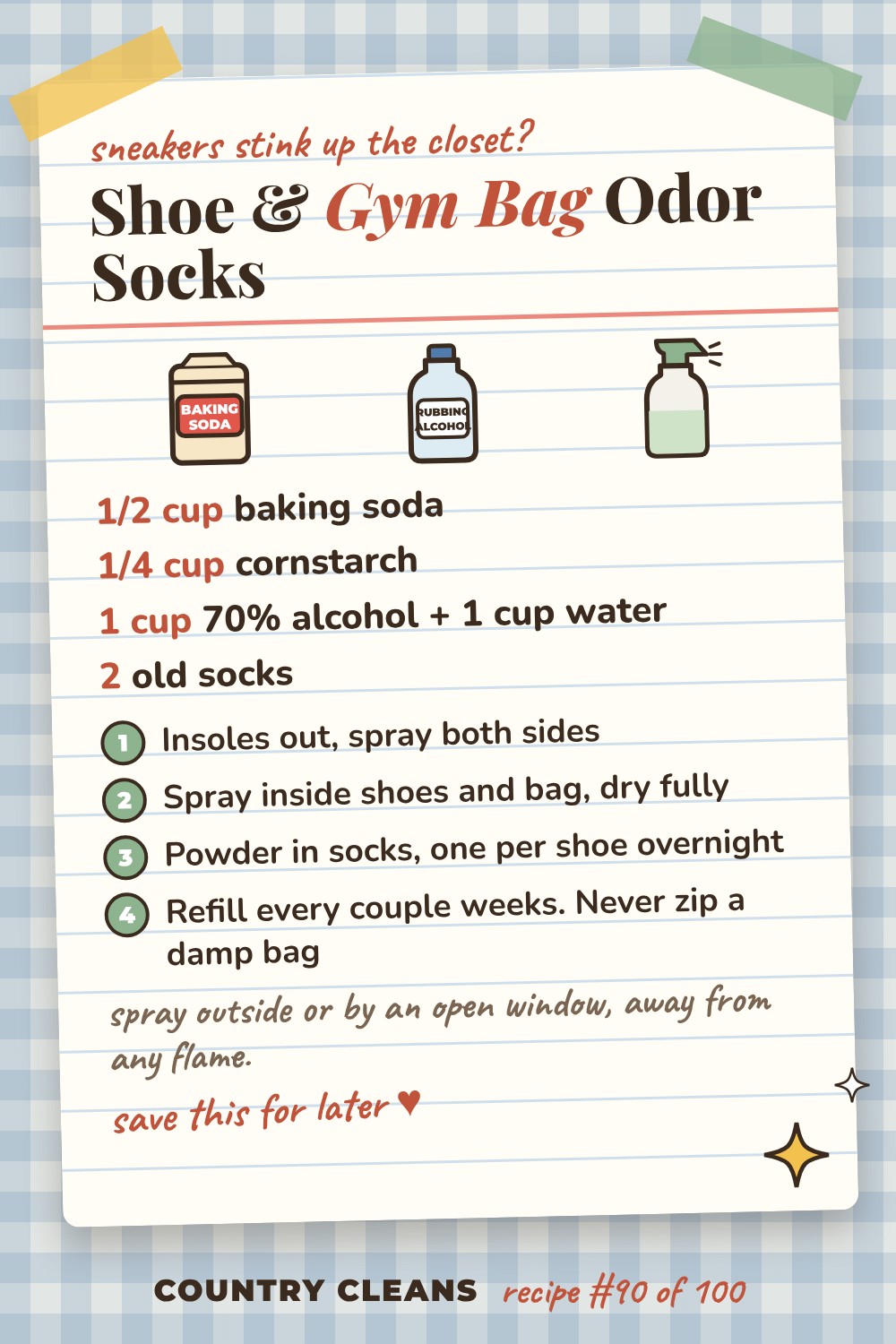 Shoes and Gym Bag Treatment recipe card: 1/2 cup baking soda, 1/4 cup cornstarch, 1 cup 70% alcohol + 1 cup water, 2 old socks
