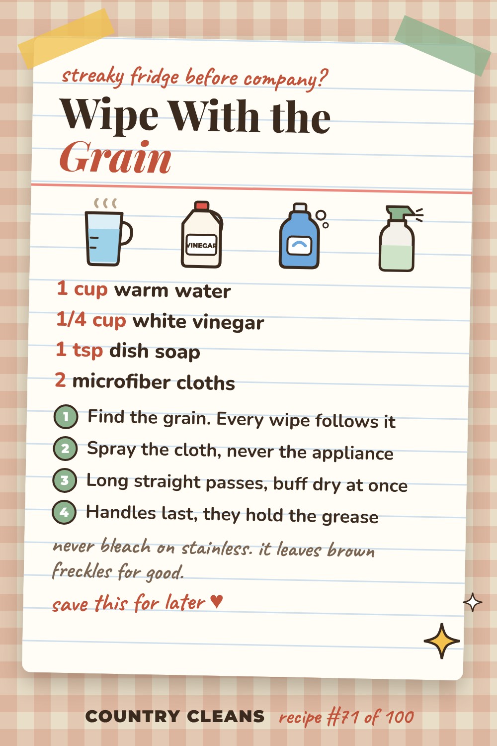 Stainless Steel Streak-Free Polish recipe card: 1 cup warm water, 1/4 cup white vinegar, 1 tsp dish soap, 2 microfiber cloths