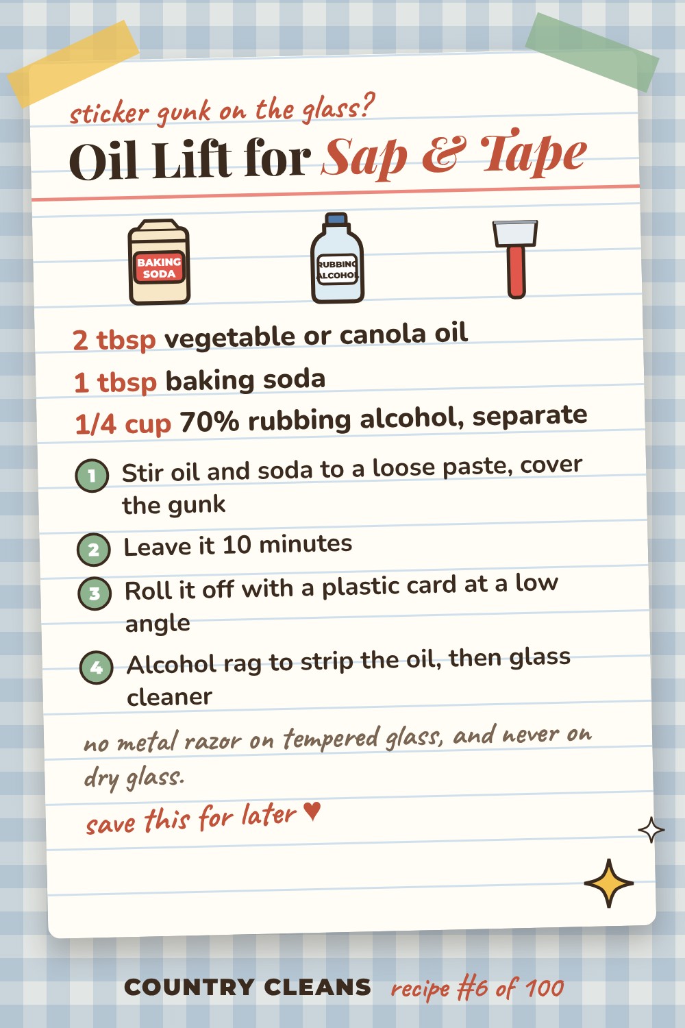 Oil Lift for Sap, Bugs and Tape Residue recipe card: 2 tbsp vegetable or canola oil, 1 tbsp baking soda, 1/4 cup 70% rubbing alcohol, separate