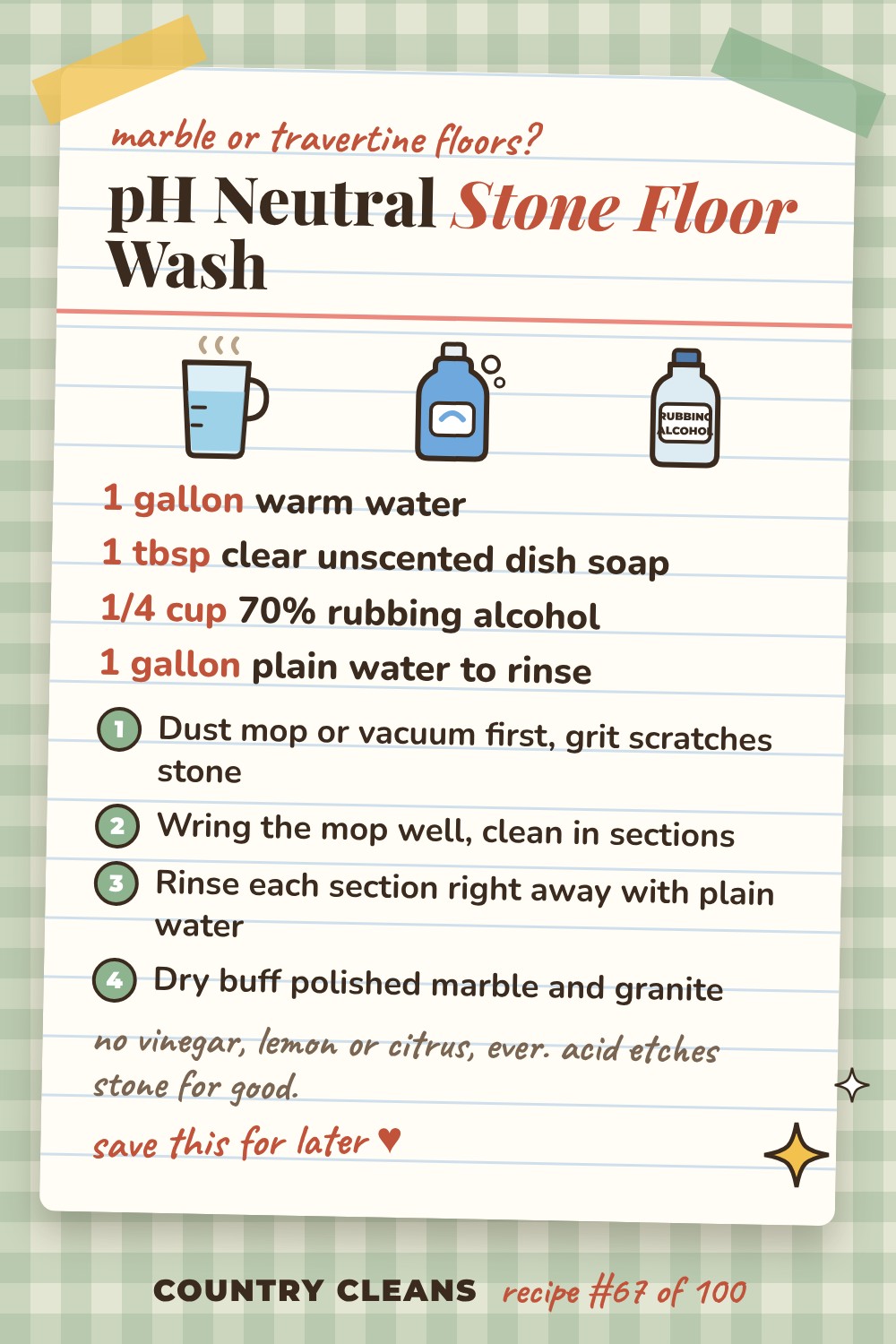 Natural Stone Floor Cleaner, pH Neutral recipe card: 1 gallon warm water, 1 tbsp clear unscented dish soap, 1/4 cup 70% rubbing alcohol, 1 gallon plain water to rinse