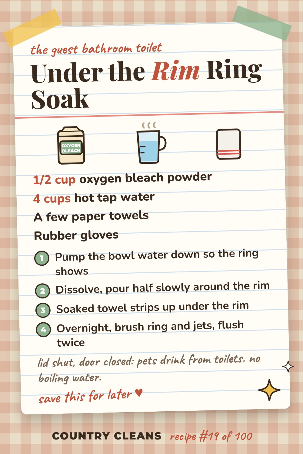 Toilet Ring and Under Rim Treatment recipe card: 1/2 cup oxygen bleach powder, 4 cups hot tap water, A few paper towels, Rubber gloves