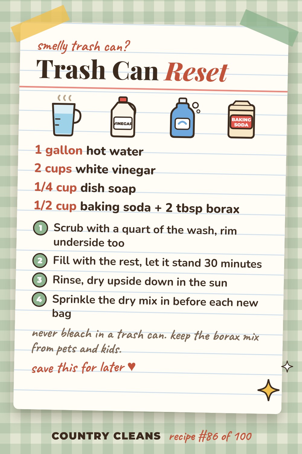 Trash Can and Bin Treatment recipe card: 1 gallon hot water, 2 cups white vinegar, 1/4 cup dish soap, 1/2 cup baking soda + 2 tbsp borax