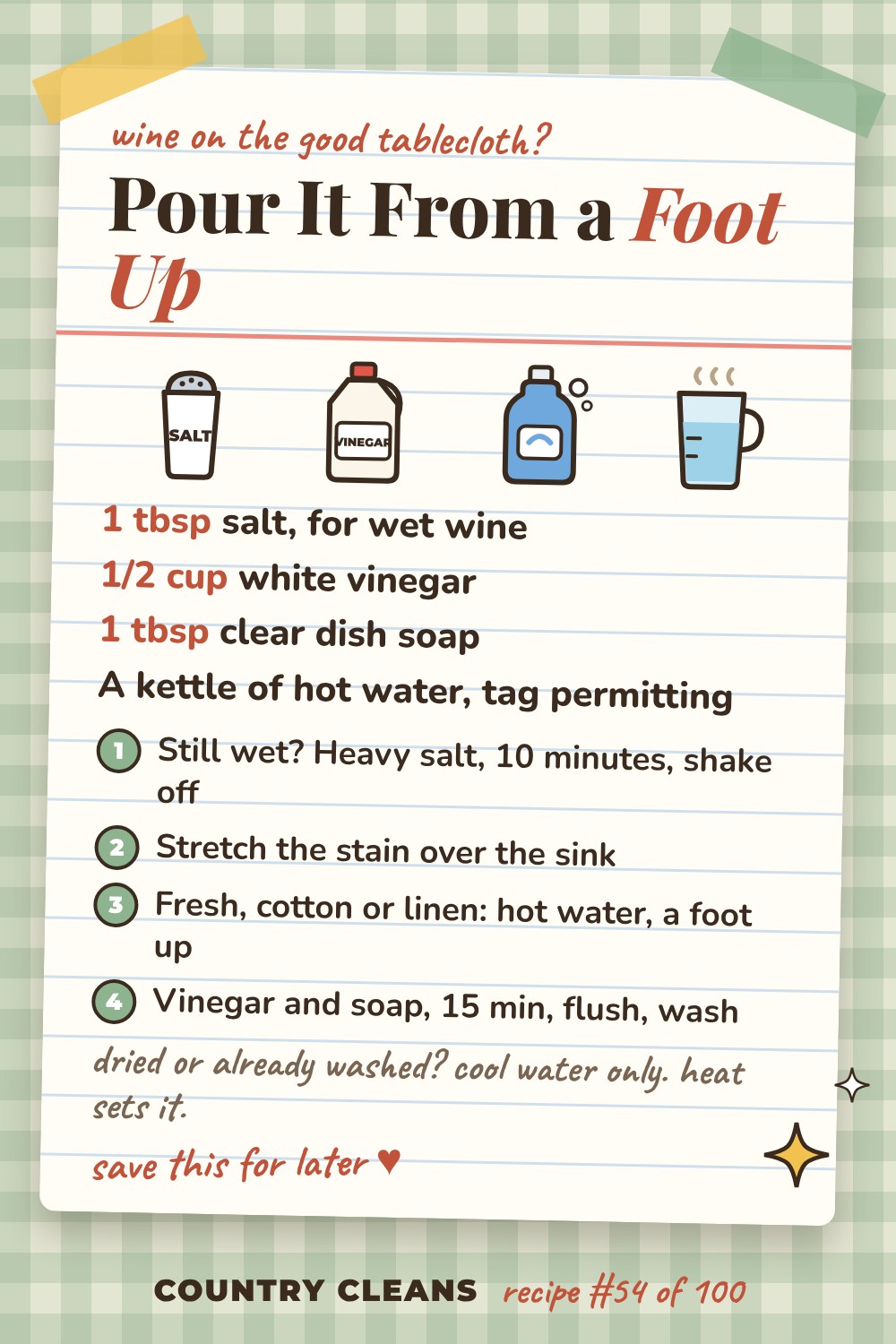 Tomato, Coffee, and Wine on Fabric recipe card: 1 tbsp salt, for wet wine, 1/2 cup white vinegar, 1 tbsp clear dish soap, A kettle of hot water, tag permitting