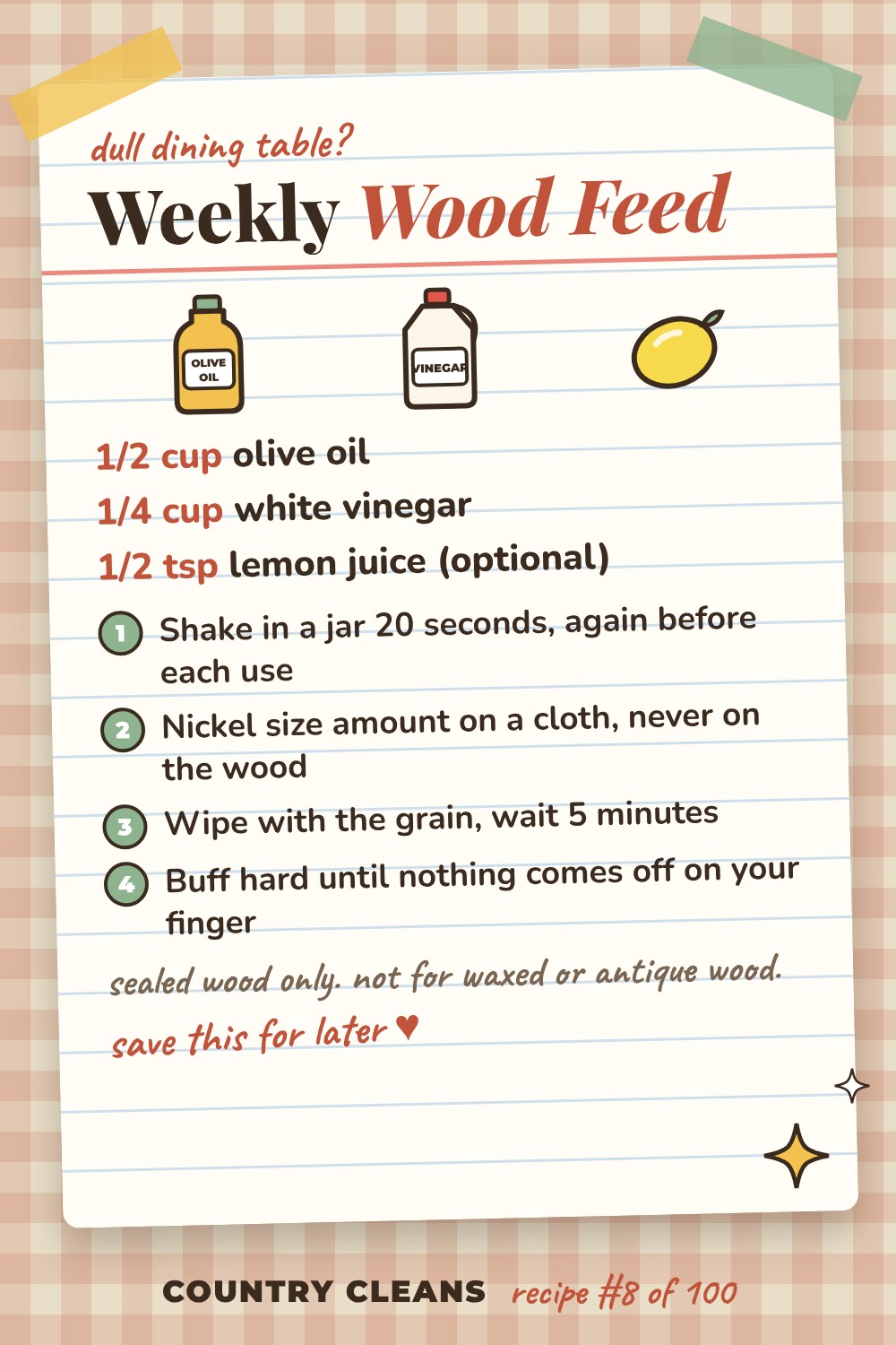 Weekly Feed for Sealed Wood recipe card: 1/2 cup olive oil, 1/4 cup white vinegar, 1/2 tsp lemon juice (optional)